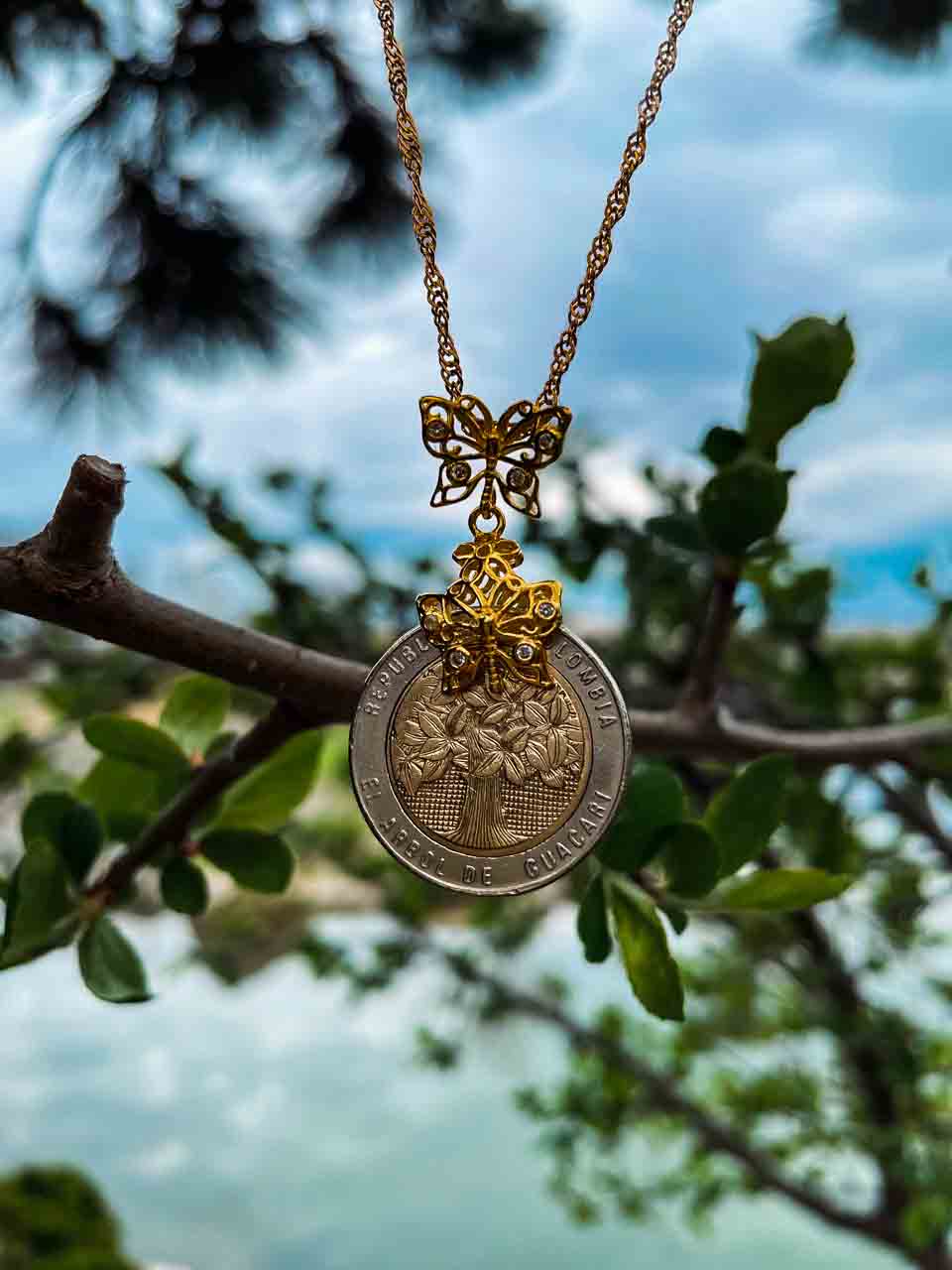 Colombia Coin Butterfly Charm Necklace